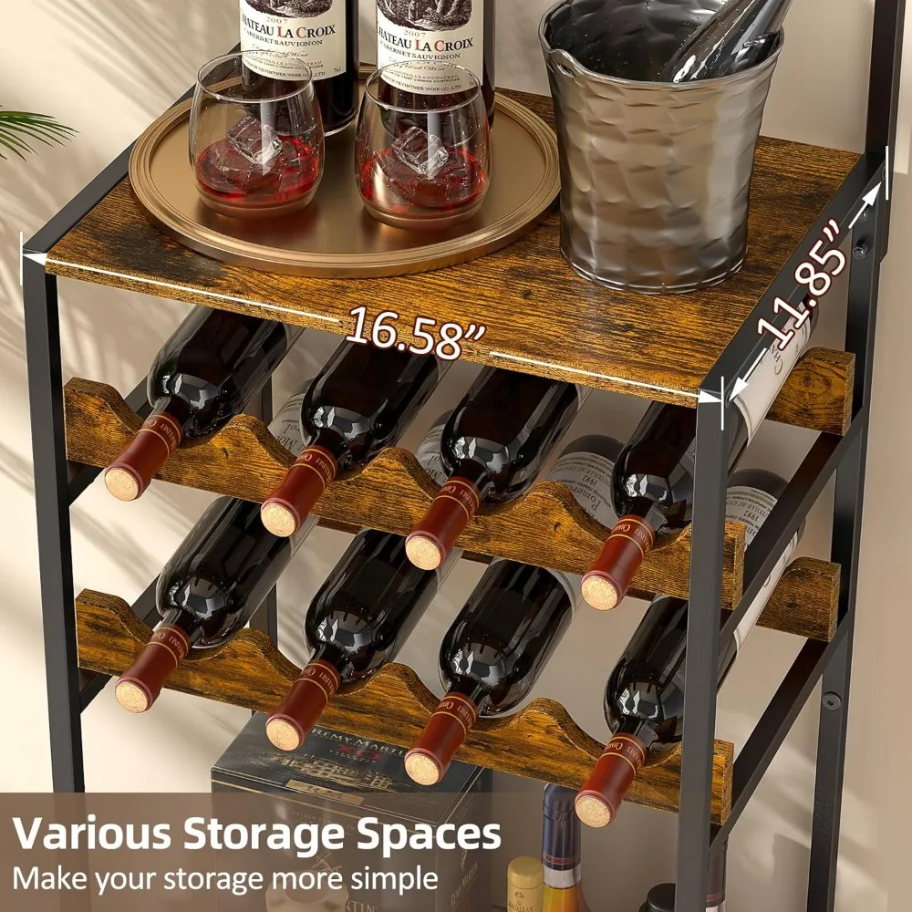 5-Tier Wine Rack Freestanding Floor, Liquor Bar Stand with Glasses Holder and 4 S Hooks, Corner Mini Bar Cabinet for Small Space