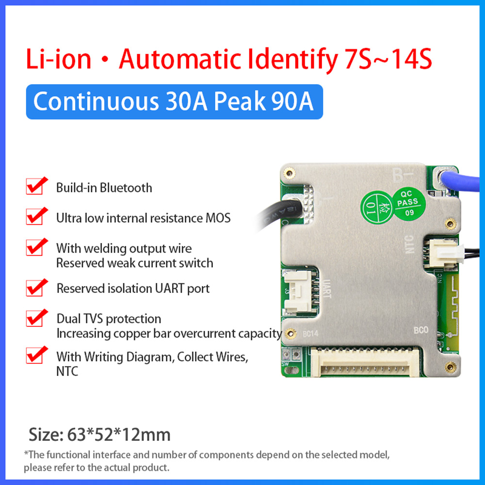 JiaBaiDa Automized Identify 7s-14s 7S 8S 9S 10S 11S 12S 13S 14S 20A 30A LFP NMC Smart BMS 24V 36V 48V Battery Management System