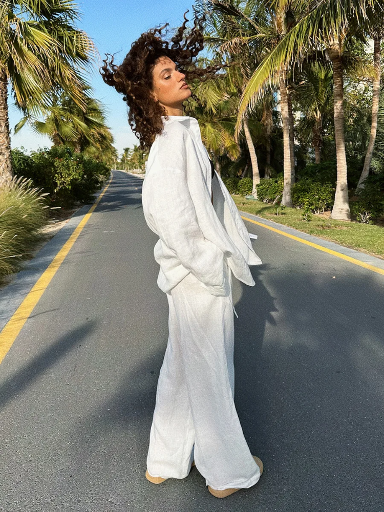 Camisa informal de lino y algodón liso para mujer, trajes con pantalones, blusas de una sola botonadura, pantalones de cintura elástica, conjunto de trajes sueltos de primavera