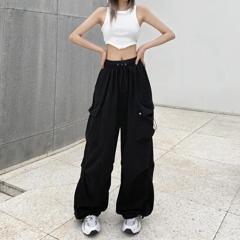 Calça casual feminina solta grande com vários bolsos, preta, multicolorida, com pernas largas