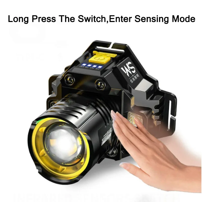 Linterna frontal con Sensor, linterna frontal LED, potente linterna frontal COB, batería integrada, recargable por USB, linterna para pesca y Camping