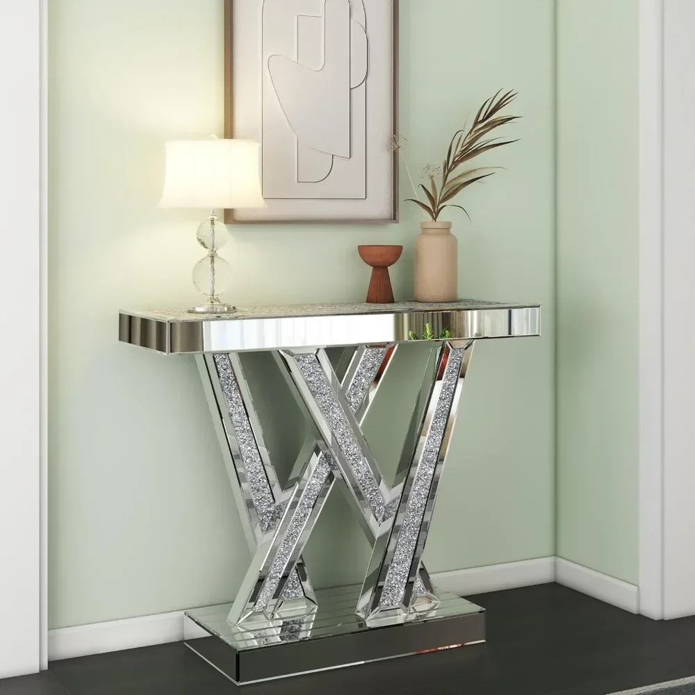 Decorative table Style W Silver Entryway Table Inlay with Sparkly Crushed Crystals, 35 inches Table for Living Room Hallway