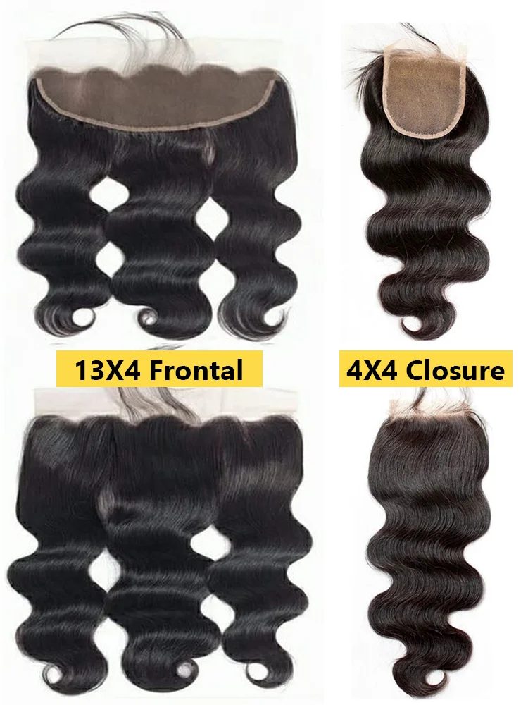 Onda do corpo pacotes de cabelo humano com fechamento cor natural 3 pçs pacotes de cabelo humano com fechamento 4x4 13x4 laço frontal com 3 pacotes