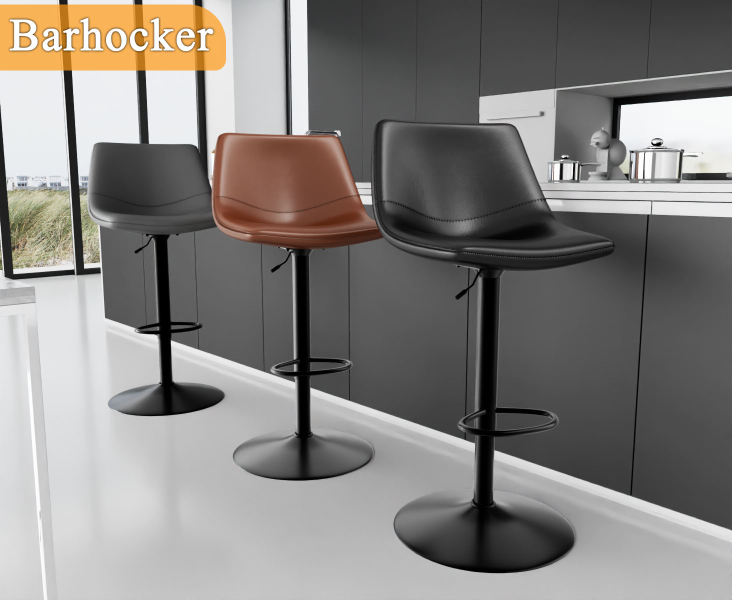 Juego de 2 taburetes de bar, silla de bar para isla de cocina con asiento de cuero PU, taburete de cocina giratorio para encimera de cocina