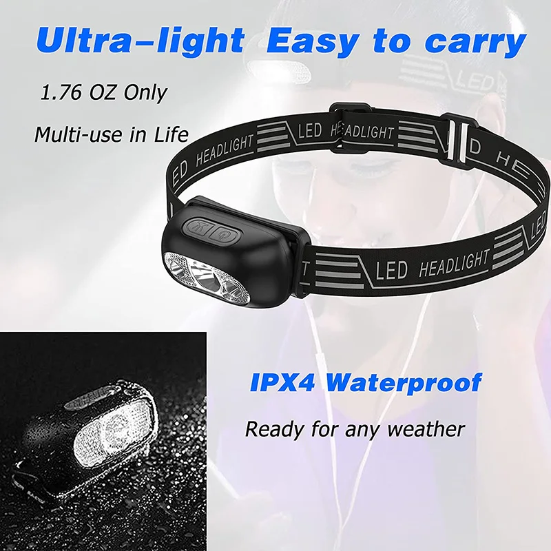 Linterna frontal con Sensor LED, luz de trabajo impermeable, recargable por USB, linterna superbrillante para correr al aire libre, pescar y acampar