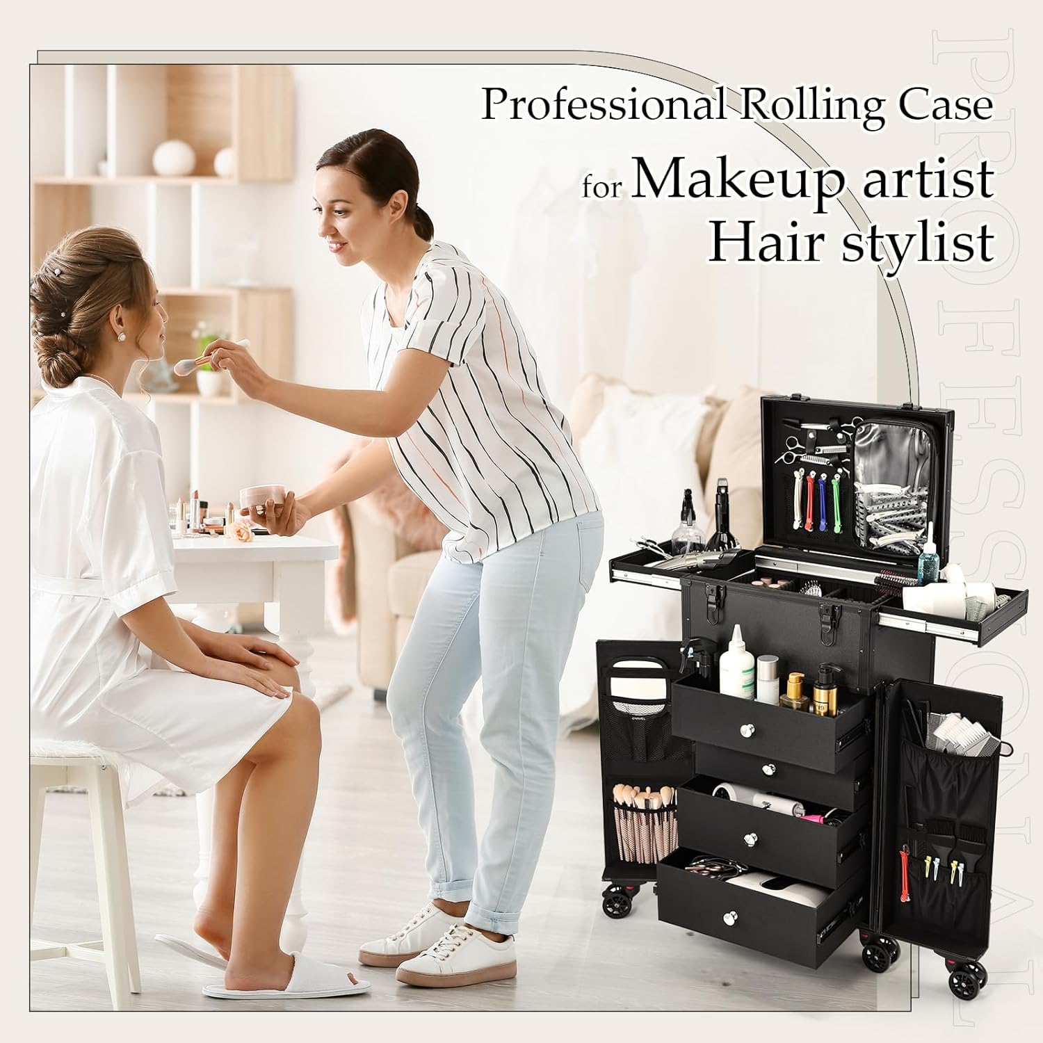 Estojo de maquiagem profissional com 4 gavetas, estojo de trem cosmético para artista de maquiagem, cabeleireiro, estojo de viagem com vários compartimentos