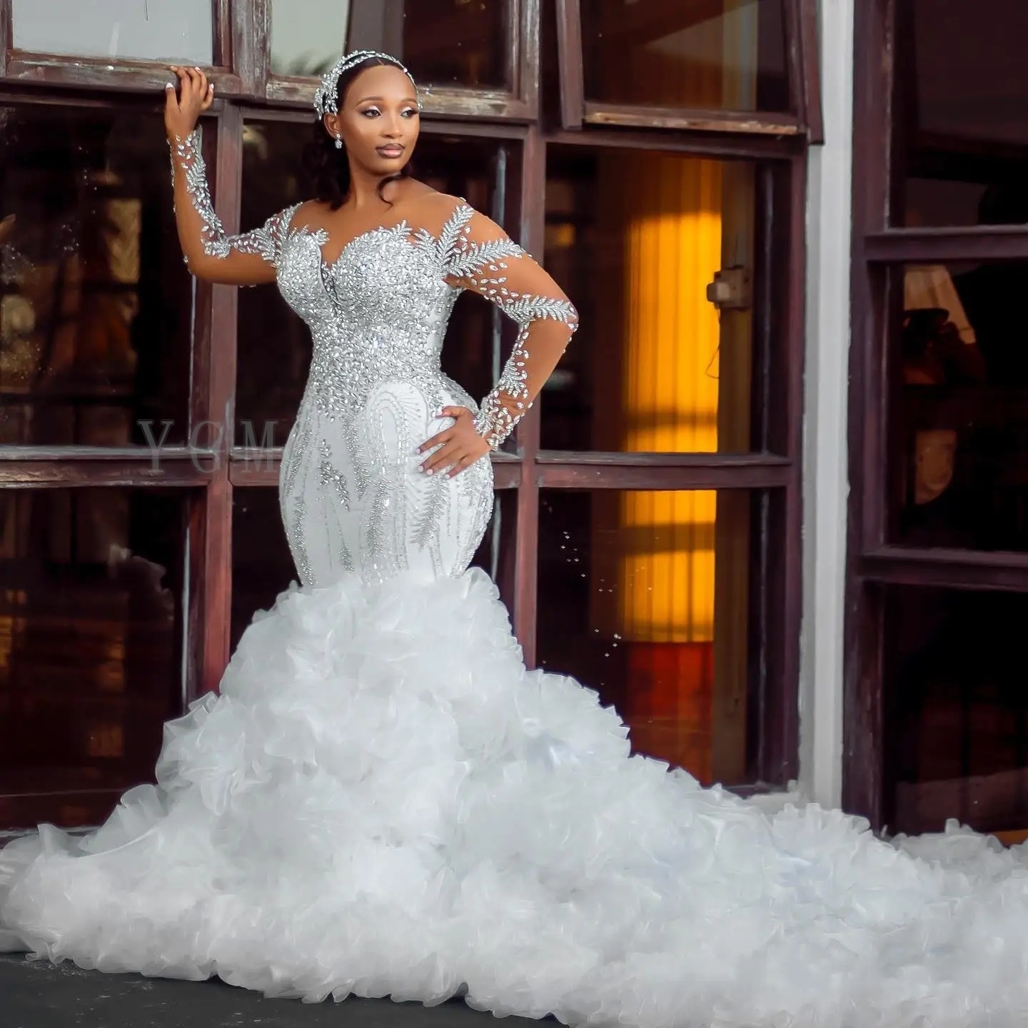 African Wedding Dress 2025 Luxury Mermaid Crystal Beaded Illusion Sleeve Ruffles Train High Quality Bridal Gown Customized