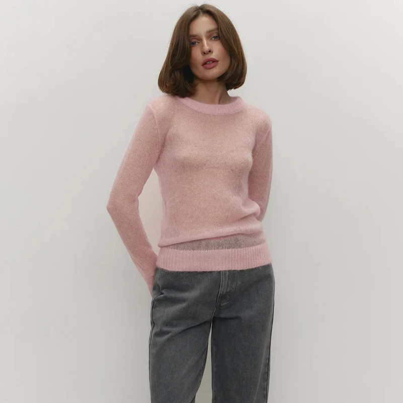 Tornova Mohair Strickpullover Damen Lange Ärmel O-Ausschnitt Pullover Pullover Dame Lose Durchsichtiges Oberteil Solide Lässige Sommermode