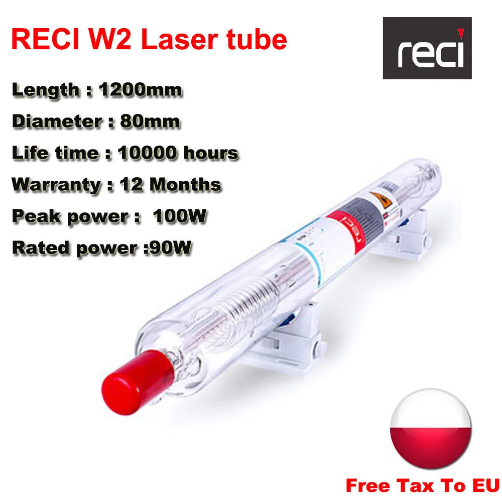 Tubo laser CO2 Reci W2 da 100 W Dia.80mm/65mm Scatola di legno Imballaggio Macchina da taglio per incisione laser CO2 Tubo laser Lavorazione del legno Stock UE