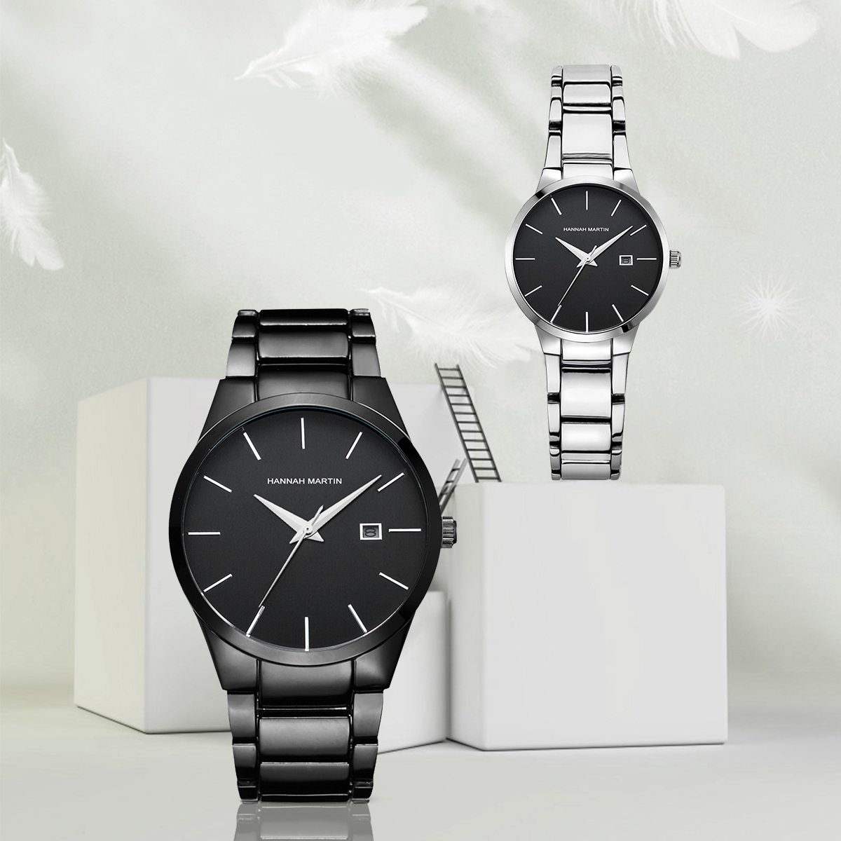 นาฬิกาควอทซ์2ชิ้นสำหรับคู่รักนาฬิกาสแตนเลสสตีลสีดำผู้ชายธุรกิจนาฬิกาของขวัญแบบเรียบง่ายสำหรับผู้หญิง Pareja Regalo