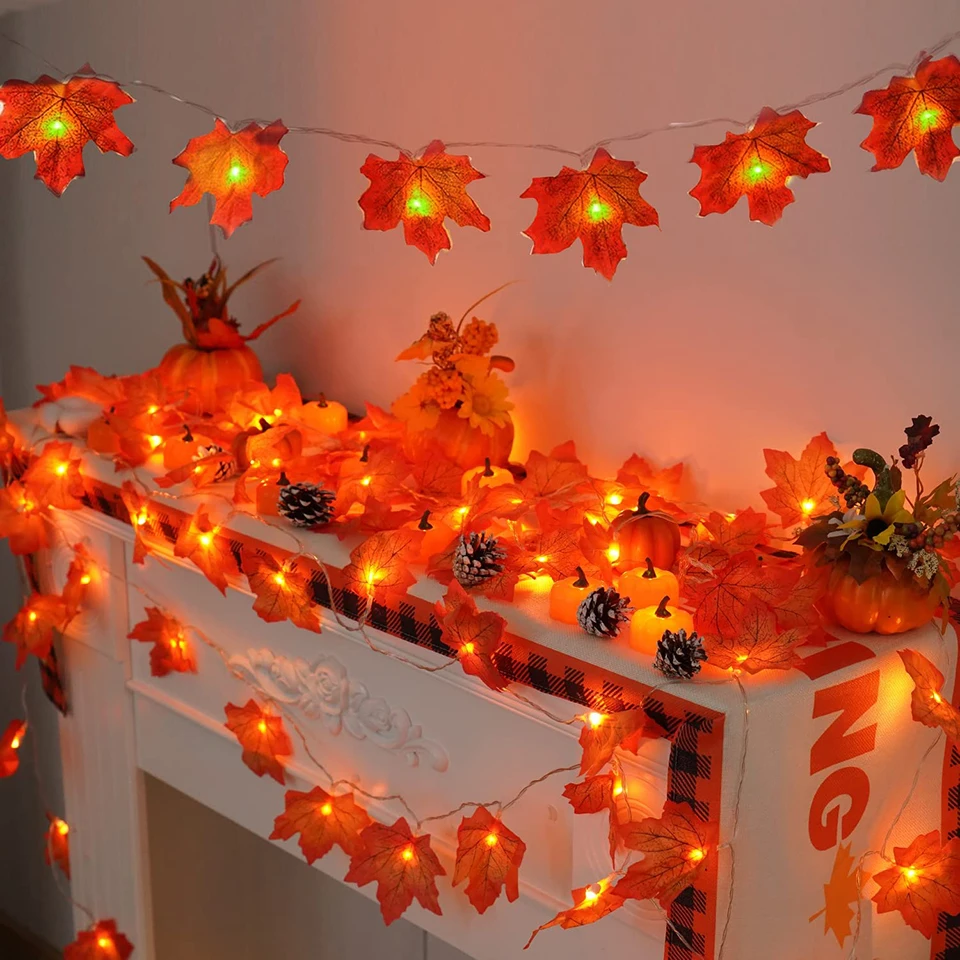 หมอนแฟชั่น Lighted Fall Garland Maple ใบ String สำหรับในร่มฤดูใบไม้ร่วง Home Party ตกแต่งฮาโลวีน