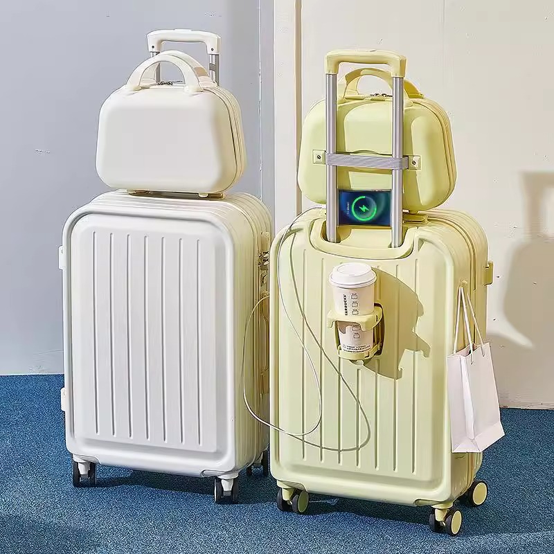 Maleta combinada con puerto de carga USB con portavasos, cubierta de carrito de gran capacidad, equipaje de viaje, caja de seguridad resistente, novedad de 2023