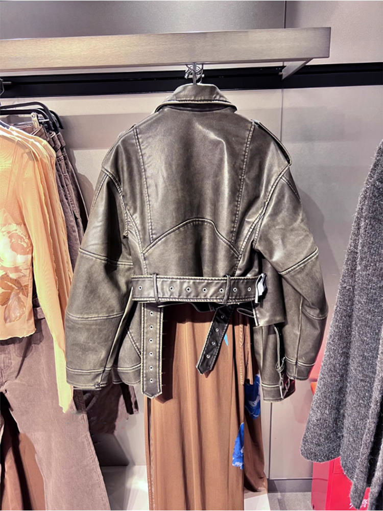 Mauroicardi Frühling Coole Kurze Distressed Gewaschen Pu Leder Moto Biker Jacke Frauen Langarm Gürtel Luxus Designer Kleidung 2025