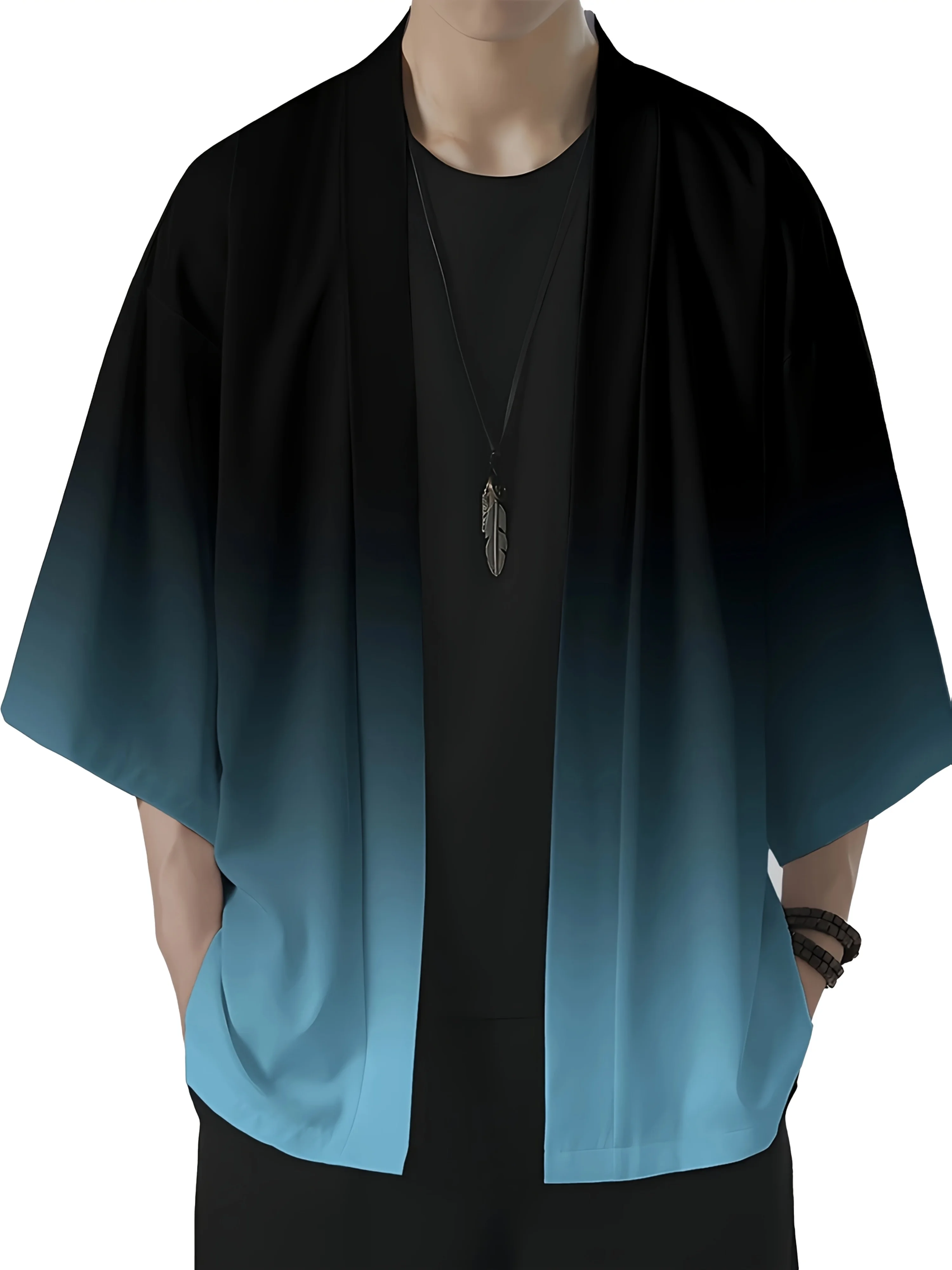 Męska moda, kimono z gradientowym nadrukiem, luźny krój, casualowe letnie ubranie plażowe, otwarte z przodu, lekkie kimono w stylu streetwear z poliestru.