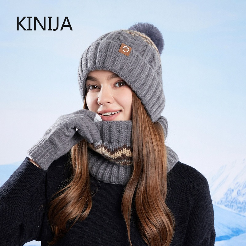 Women's Knitted Hat Beanie Cap Winter Coldproof Hat Scarf Gloves Sets Outdoor Warm Windproof Hat Fit Skiing Traveling Set