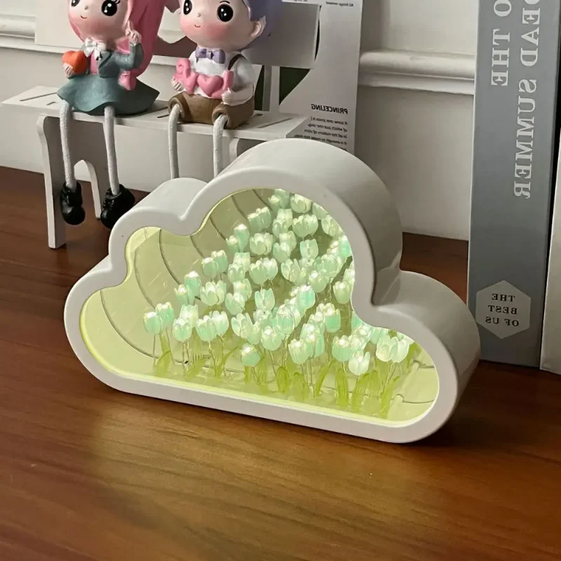 Lámpara de ambiente de noche de mar con flor de tulipán hecha a mano, lámpara de tulipán de nubes, luz LED nocturna, lámpara de mesa con espejo, luces decorativas para dormitorio, nuevo