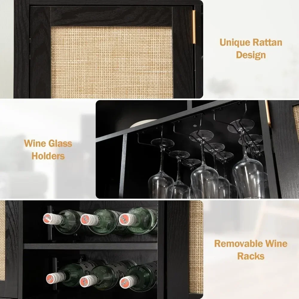 Rattan Coffee Bar Cabinet, Modern Liquor Cabinet with Wine Racks Credenza, 51" Sideboard Buffet Cabinet with Storage
