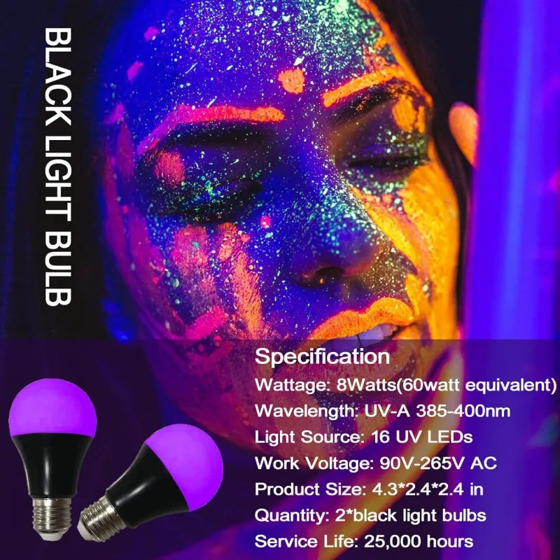 Black Light Bulbs 9W LED UV Blacklight 395-400nm for Blacklight Glow in The Dark Body Paint Fluorescent Poster Neon Glow Lamp