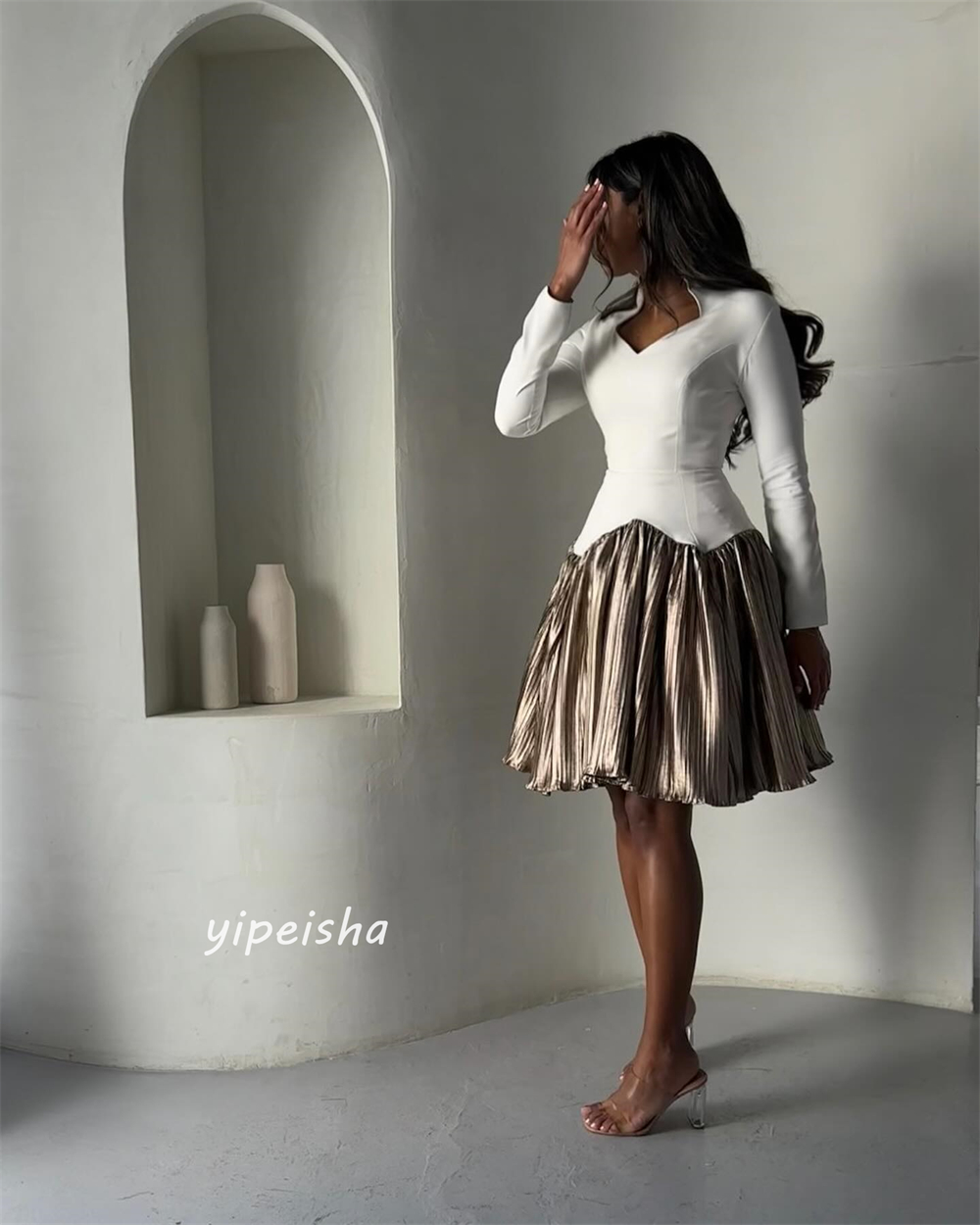 Customized Jiayigong Jersey Draped Ruched Clubbing A-line V-Neck Bespoke Occasion Gown Knee Length Dresses