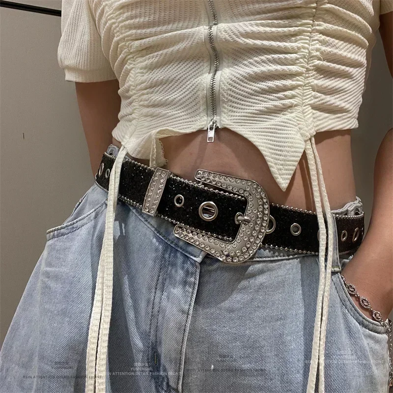 Y2k moda feminina sólida impressão cravejada completa strass cinto de couro do plutônio bling cristal ajustável glitter cintura para festa do clube