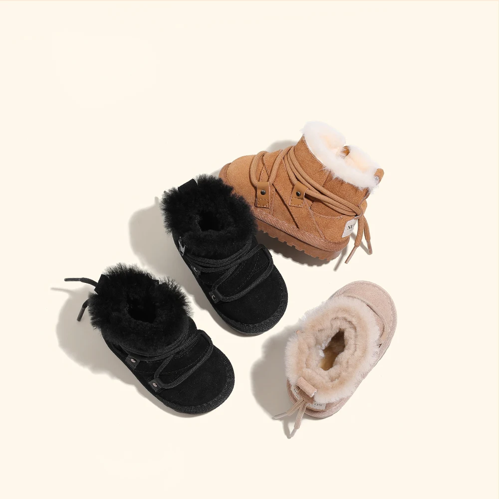 2024 ใหม่ฤดูหนาวเด็กรองเท้าบู๊ตหิมะหนัง WARM Plush ทารกรองเท้า Soft Sole รองเท้าเด็กแฟชั่นเด็กวัยหัดเดินรองเท้า 16-25