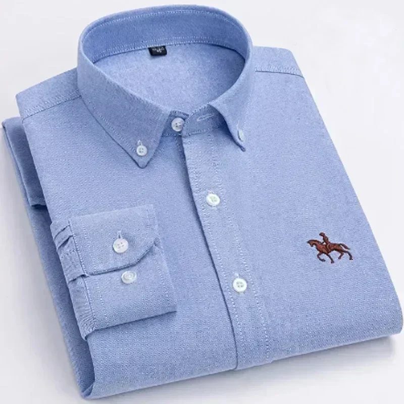 Camisa giratoria Oxford de manga larga para hombre, camisa 100% de algodón puro con bolsillo bordado, estilo de botones, suave, mediana, S ~ 7XL