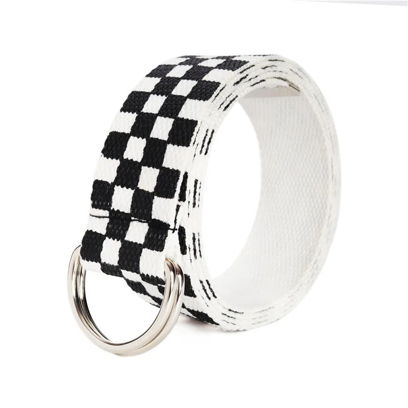 Cinturón a cuadros blanco y negro para hombre y mujer, cinturones de lona a cuadros, fajas de 3,8 cm, cinturones informales a cuadros con hebilla D