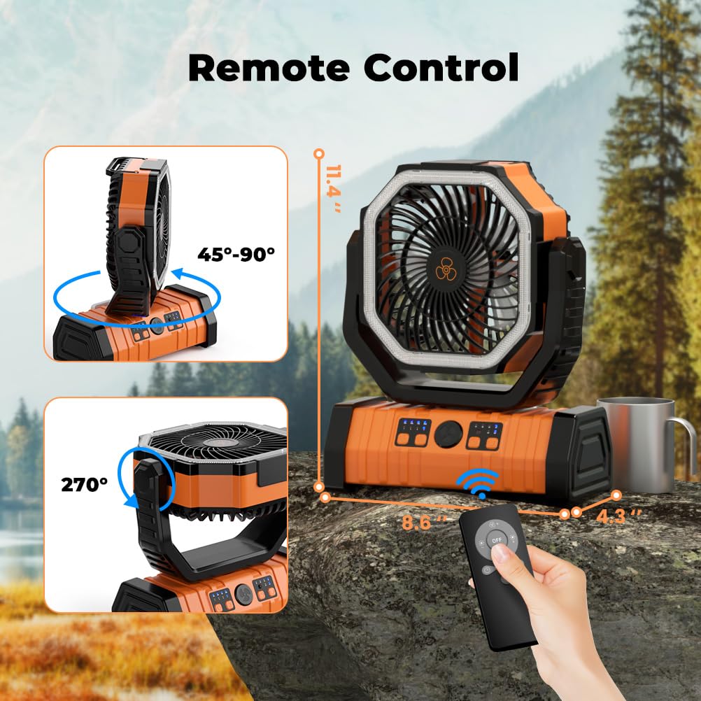 Camping-Ventilator, 20.000 mAh, batteriebetriebener Ventilator, wiederaufladbar, mit LED-Licht, tragbarer Outdoor-Zeltventilator mit Aufhängehaken, 4 Geschwindigkeiten, Wind