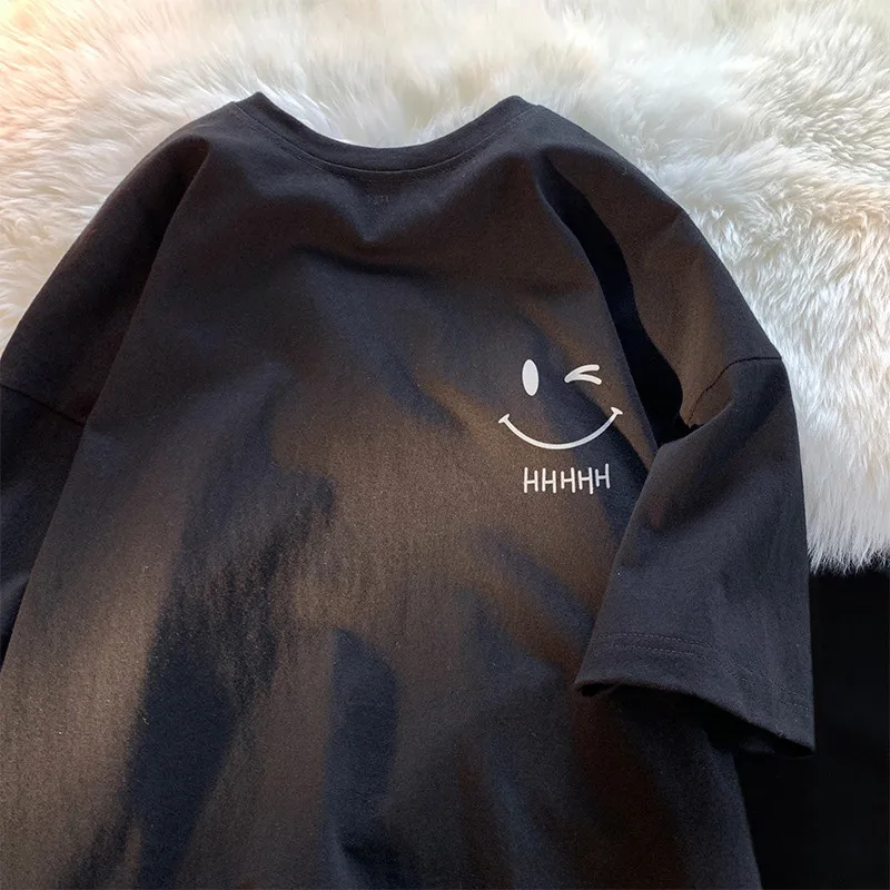 ผู้ชายผู้หญิงยิ้ม Face ตลกแฟชั่นคู่เสื้อยืดแขนสั้น American Basic Simple ขนาดใหญ่หลวม Boys เสื้อสวมหัวด้านบน