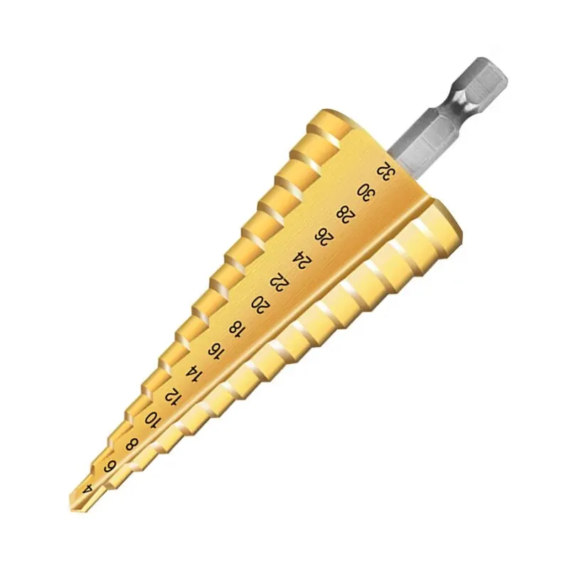 3pc pagode broca 4-12/4-20/4-32mm hexagonal sulco reto titânio chapeado escada broca ferramenta elétrica conjunto de acessórios