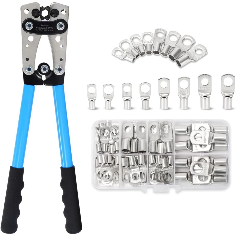 Battery Cable Lug Crimping Tool 10-1 AWG with Cutter, 60Pcs Copper Ring Terminals Heavy Duty Wire Crimper Set for Battery Cables