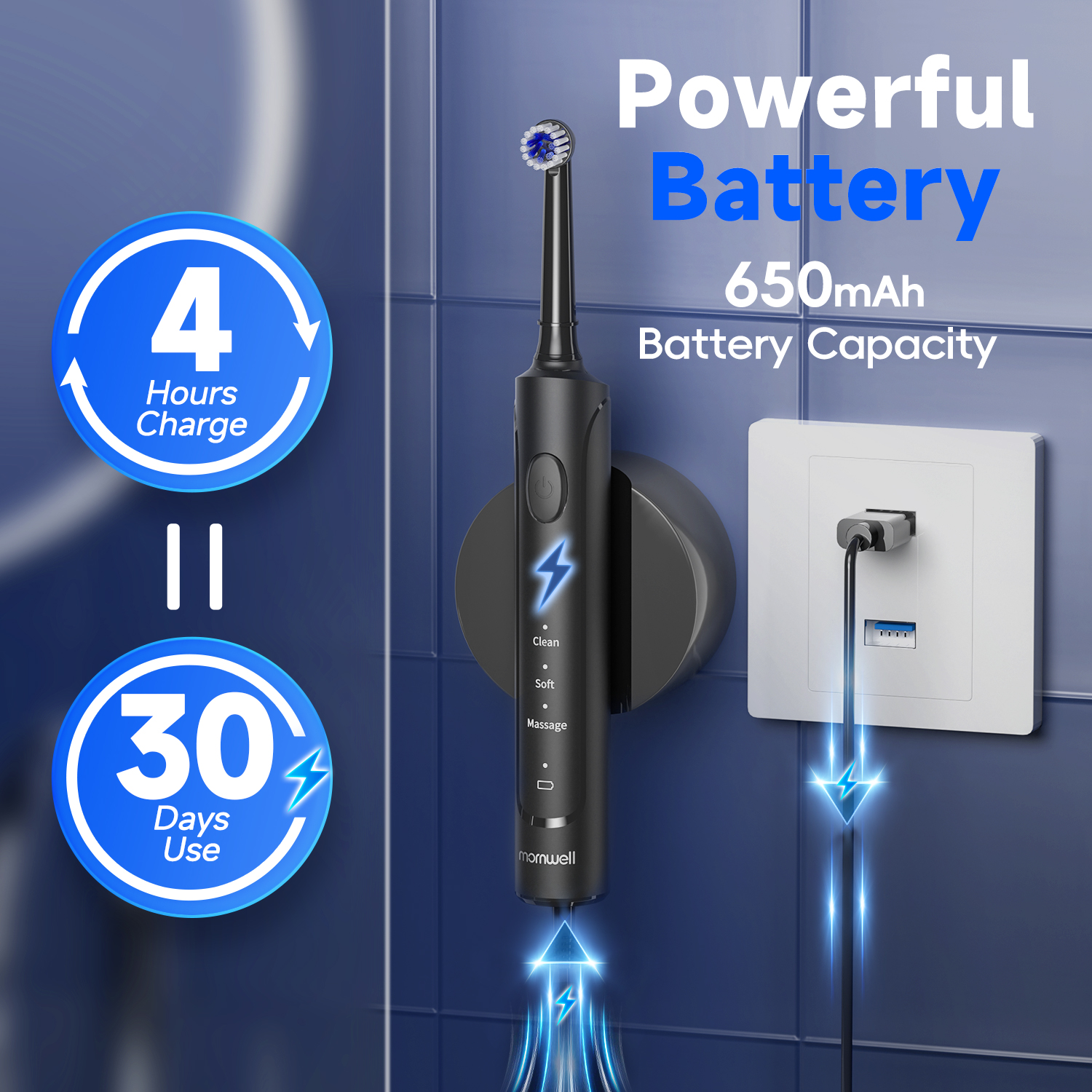 Cepillo de dientes eléctrico para adultos, cepillo de dientes sónico T37 recargable con 3 modos, resistente al agua IPX7, Motor de 40.000 VPM con 4 cabezales
