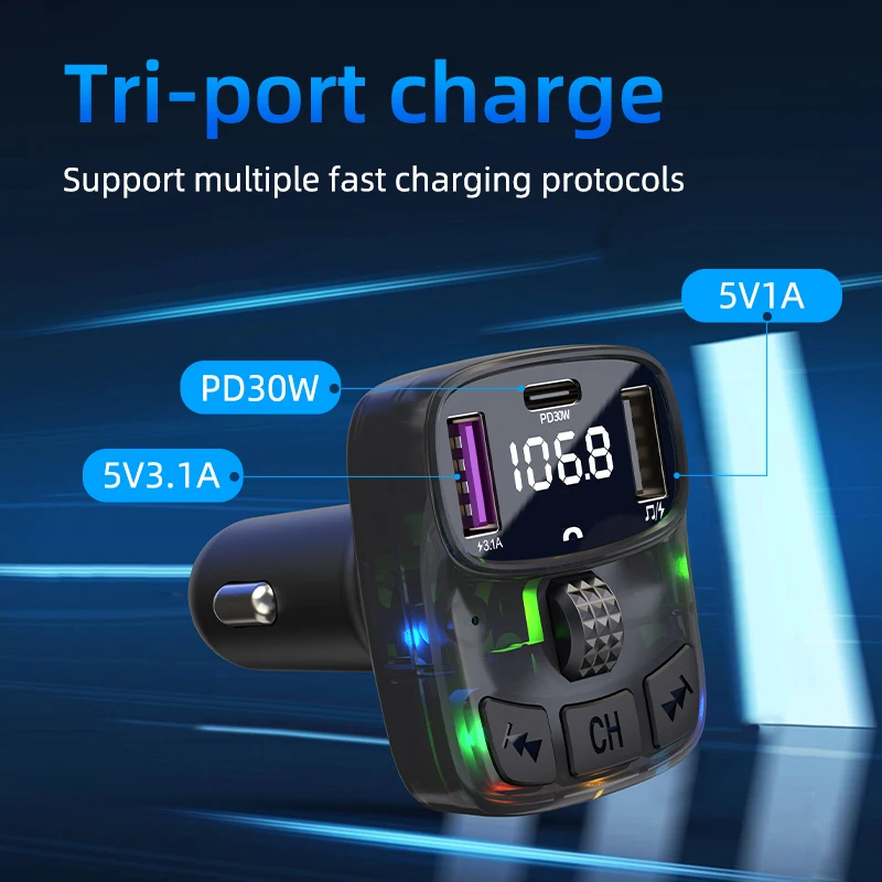 Coche 30W PD Tipo C USB dual Coche rápido que carga la luz ambiental Bluetooth 5.3 Cargador de coche