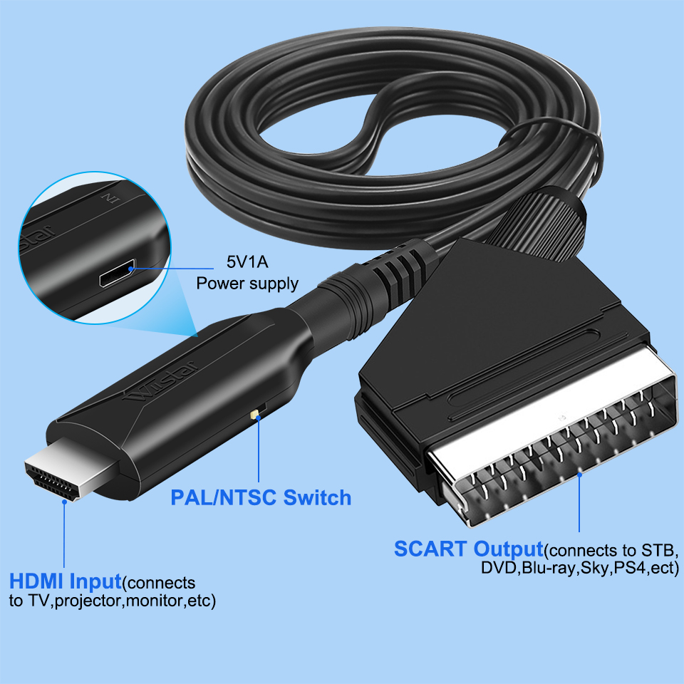 1080P HDMI to SCART Video Audio Converter Adapter HDMI Input to Scart Output For HDTV DVD Sky Box STB with USB Power Cable