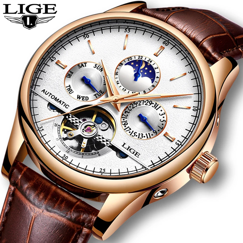 Relojes LIGE 2024 para Hombre, reloj mecánico automático Tourbillon, reloj deportivo de cuero, reloj de pulsera Retro informal de negocios, Relojes para Hombre