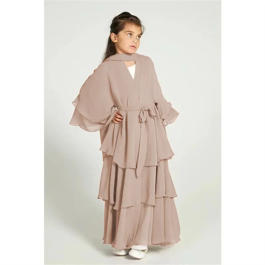 Conjuntos musulmanes de gasa de Ramadán para niños, Abaya abierta, conjunto Hijab para niñas, vestidos islámicos de Dubái, ropa de oración Khimar para niños, vestido largo