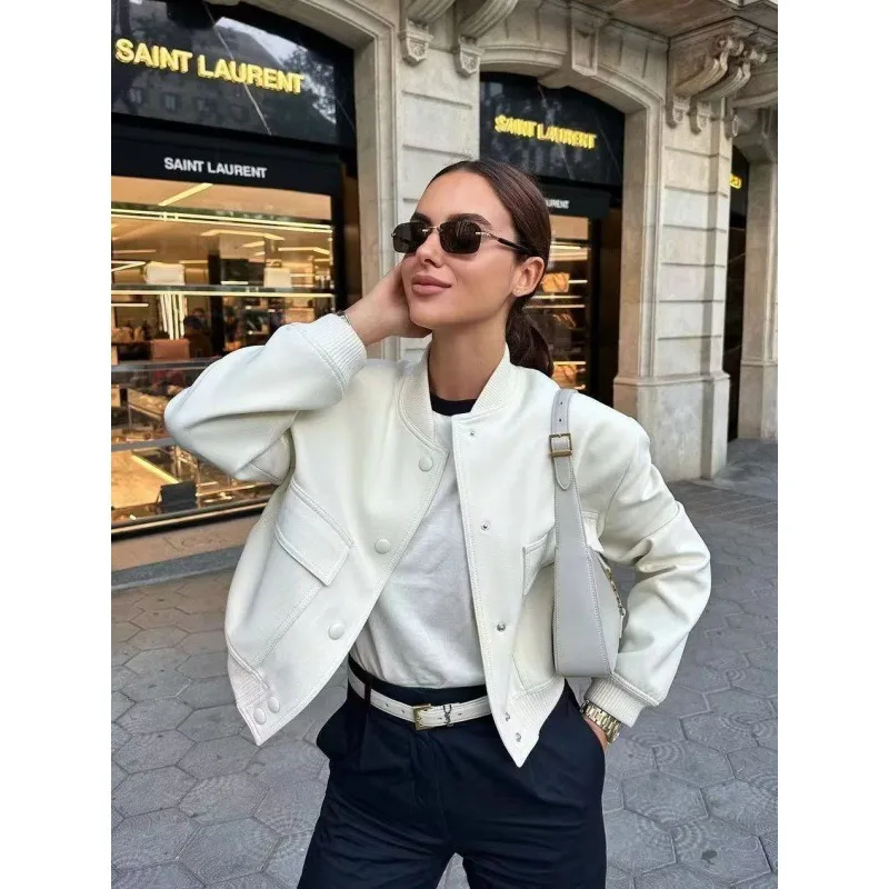 MUJER 2025 chaqueta Bomber blanca para mujer, chaquetas recortadas con botones para otoño e invierno, abrigos de manga larga a la moda para mujer, prendas de vestir exteriores
