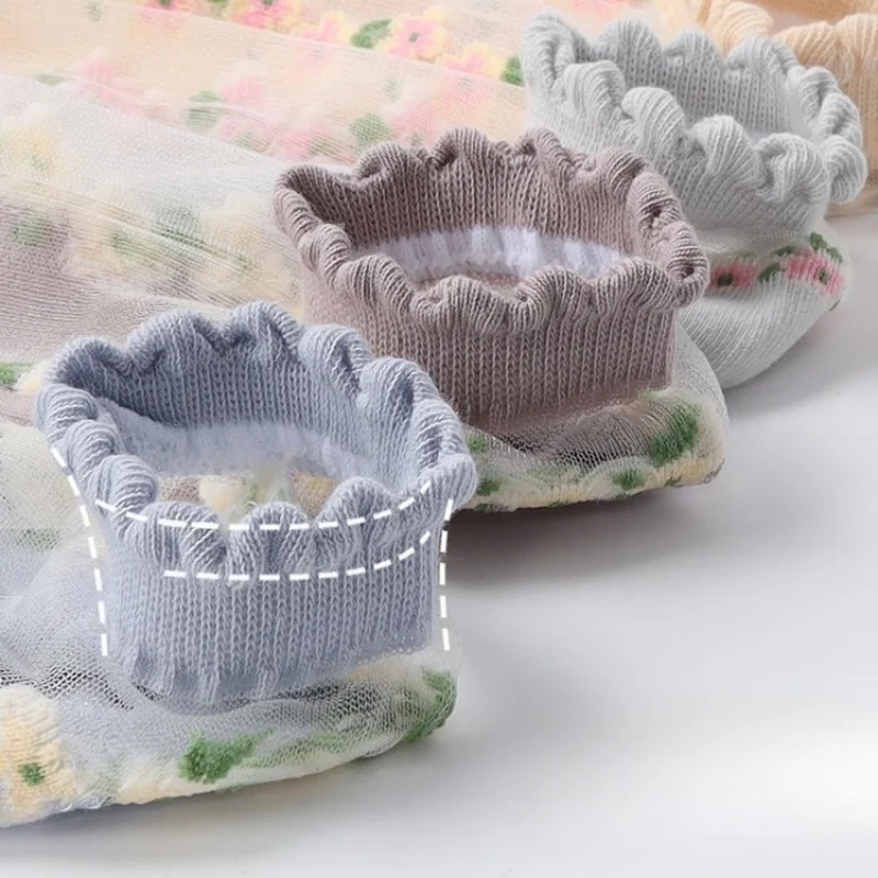 Calcetines tobilleros de encaje de cristal transparente para mujer, calcetines ultrafinos, transpirables, de secado rápido, bonitos calcetines amigables con la piel para primavera y verano