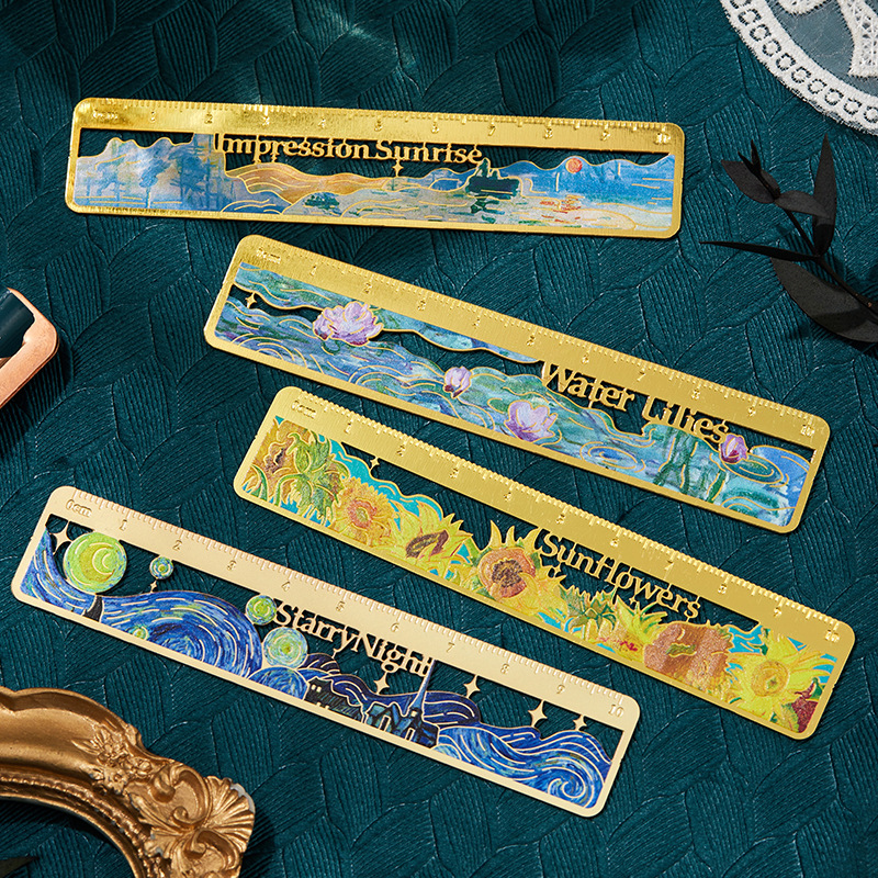 ประณีตภาพวาดสีน้ํามันองค์ประกอบไม้บรรทัด Creative Sunflower Lotus ไม้บรรทัดโลหะบุ๊คมาร์ควัดเครื่องมือเครื่องเขียนนักเรียน