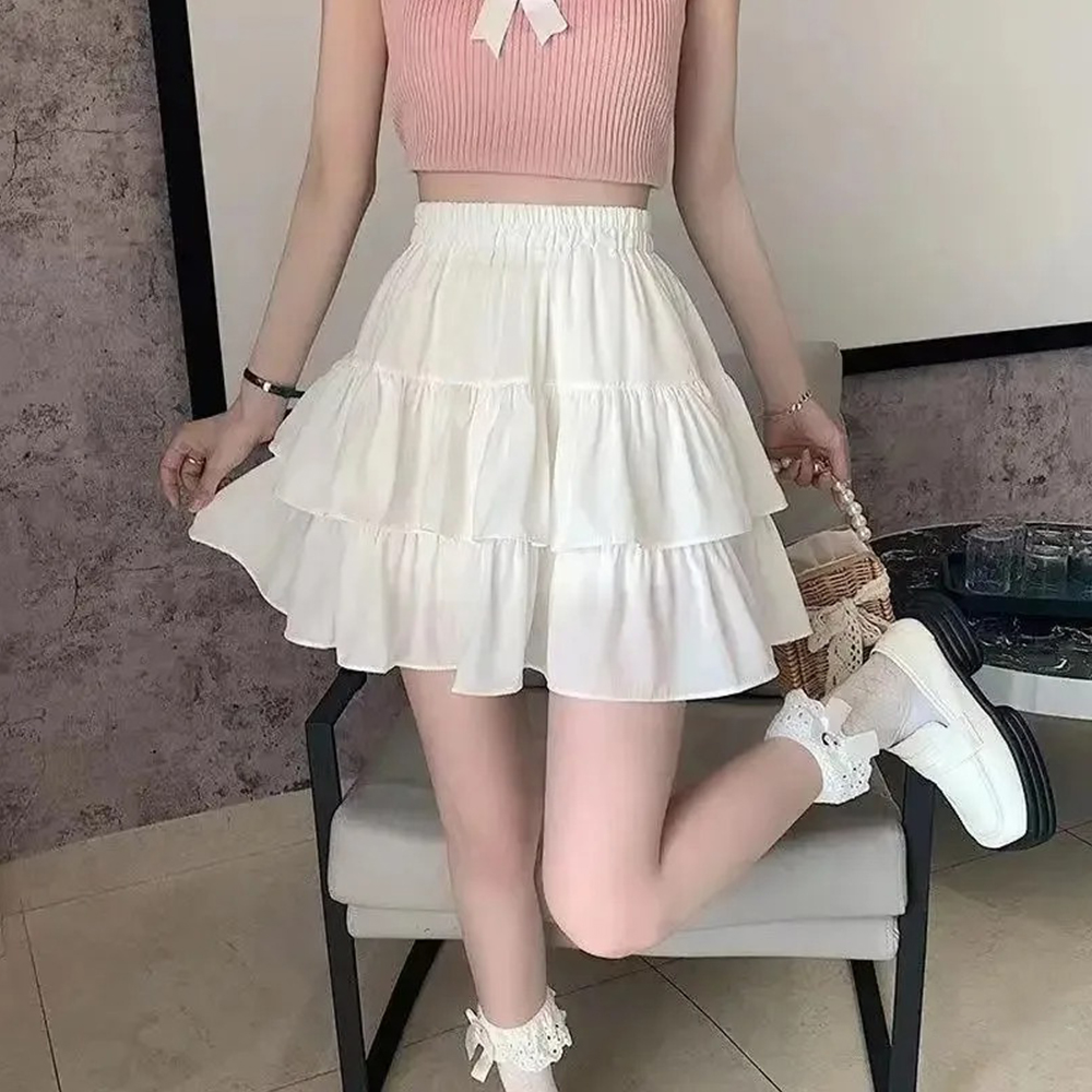 Geplooide A-lijn Rok Witte Vrouwen Ruches Zoete Hottie Preppy Stijl Elastische Elastische Taille Slanke Dunne SimpleCasual Zomer Groothandel