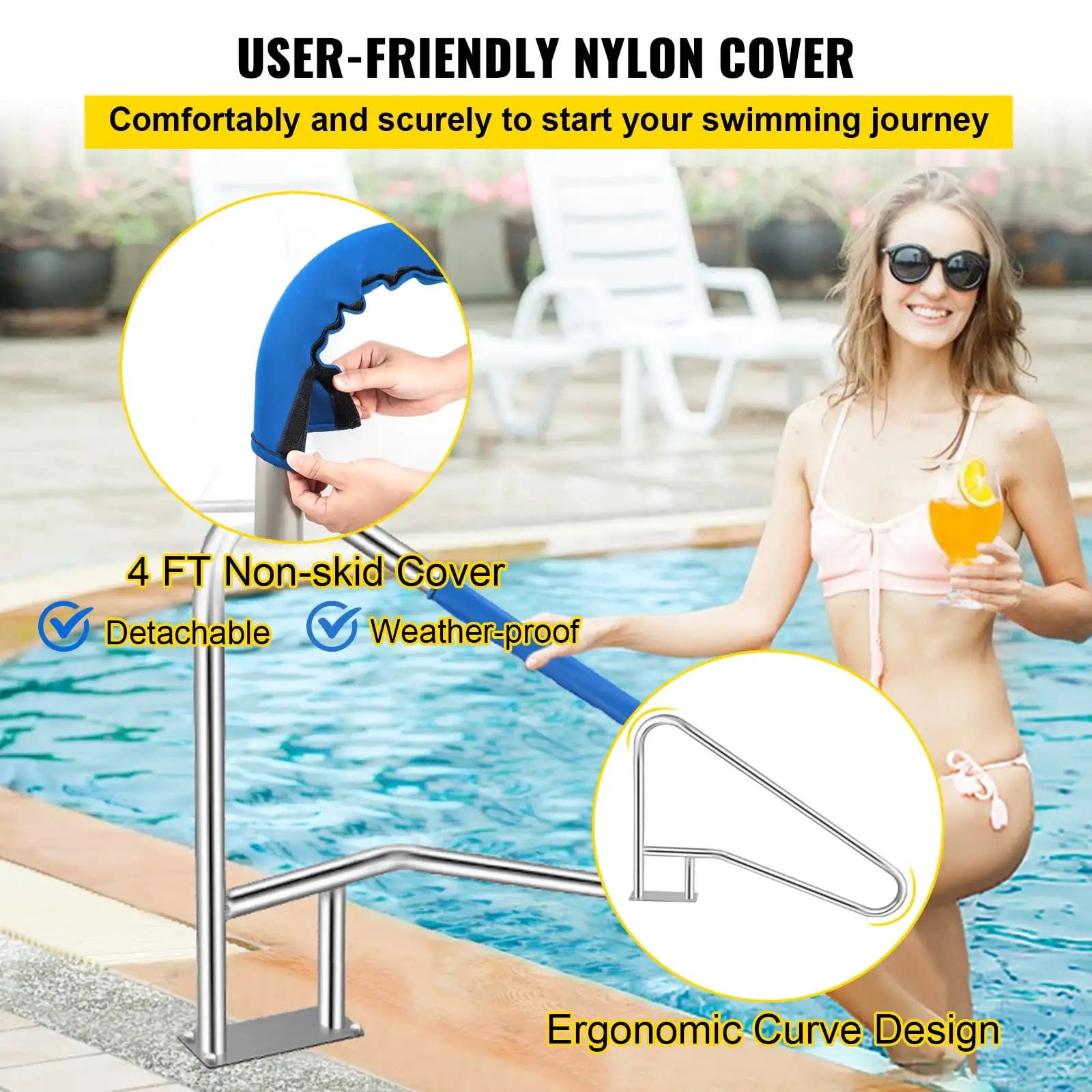 Pool Rail 54x36" Pool Railing 304 Stainless Steel 250LBS Load Capacity Silver Rustproof Pool Handrail Humanized Swimming