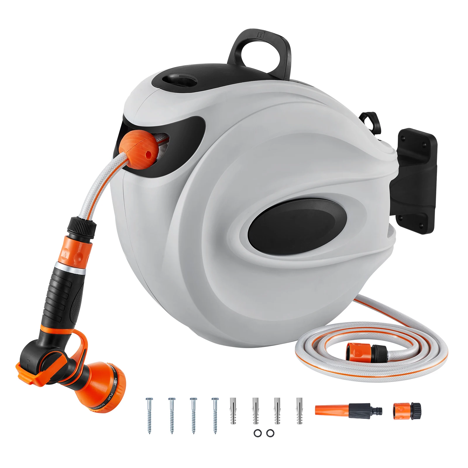 SucceBuy Einziehbarer Schlauchtrommel 1/2 Zoll 180 °   Wandmontierte Gartenwasserschlauchtrommel mit drehbarer Halterung, 9 Musterdüse und 3 Schnellverschraubungen
