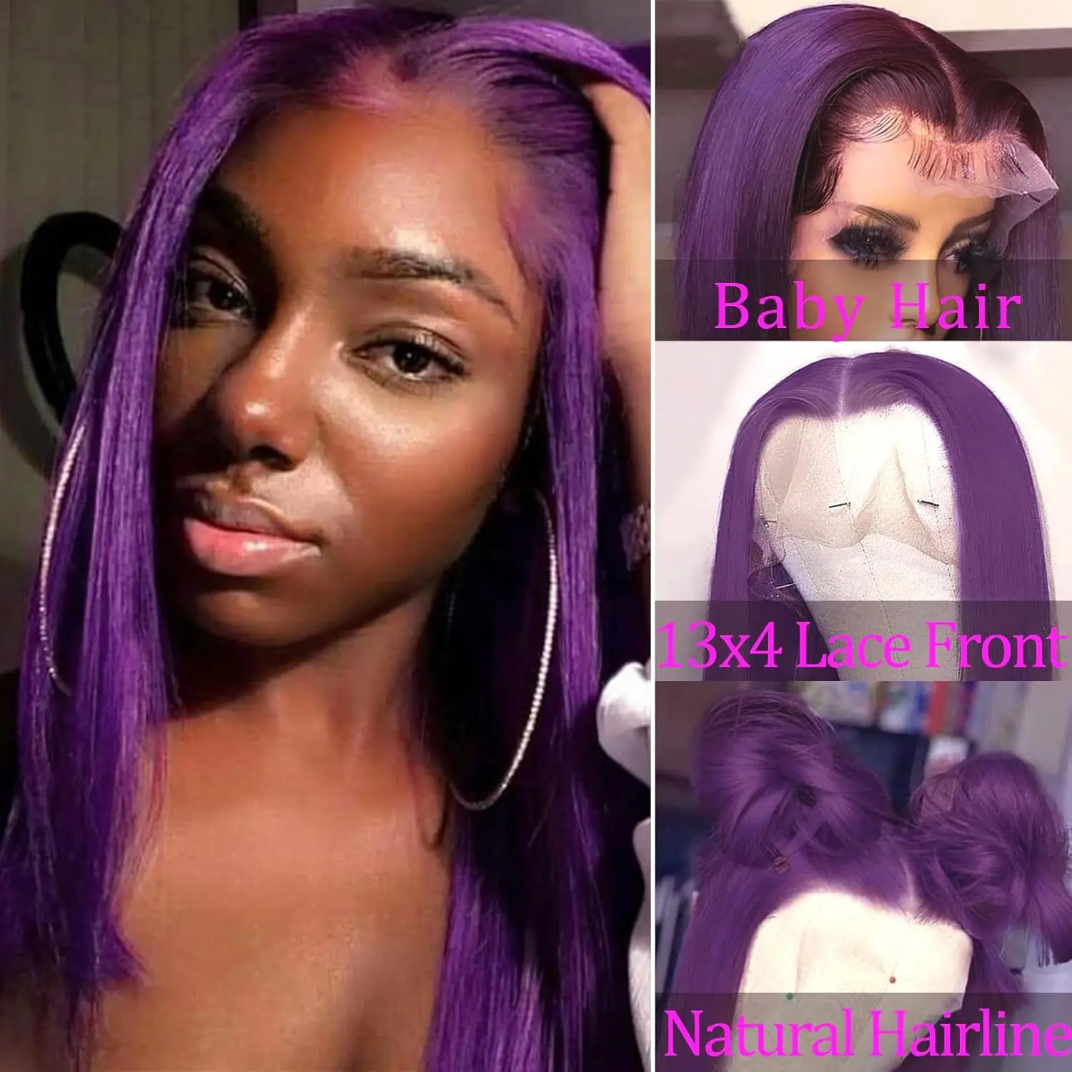 Roxo escuro bob perucas dianteiras do laço cabelo humano colorido 13x4 laço frontal curto em linha reta roxo bob peruca pré arrancado com cabelo do bebê