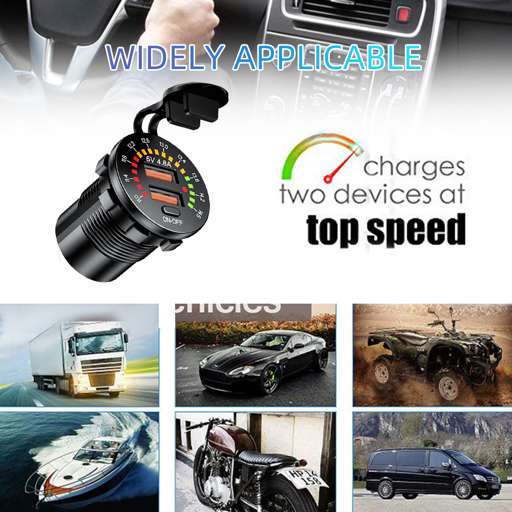 Prise de chargeur double USB 45W, avec voltmètre LED, interrupteur marche/arrêt QC3.0 PC Type C, prise USB étanche, chargeur rapide pour voiture 12V/24V