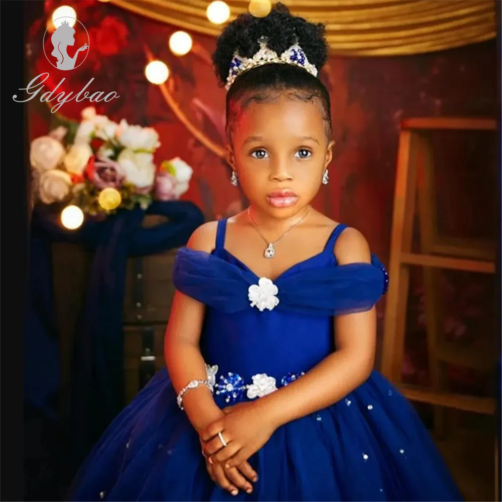 Königsblau Blumen mädchen Kleider für Hochzeit Perlen Tüll Kleinkind Mädchen Festzug Kleid Kinder Abend garderobe
