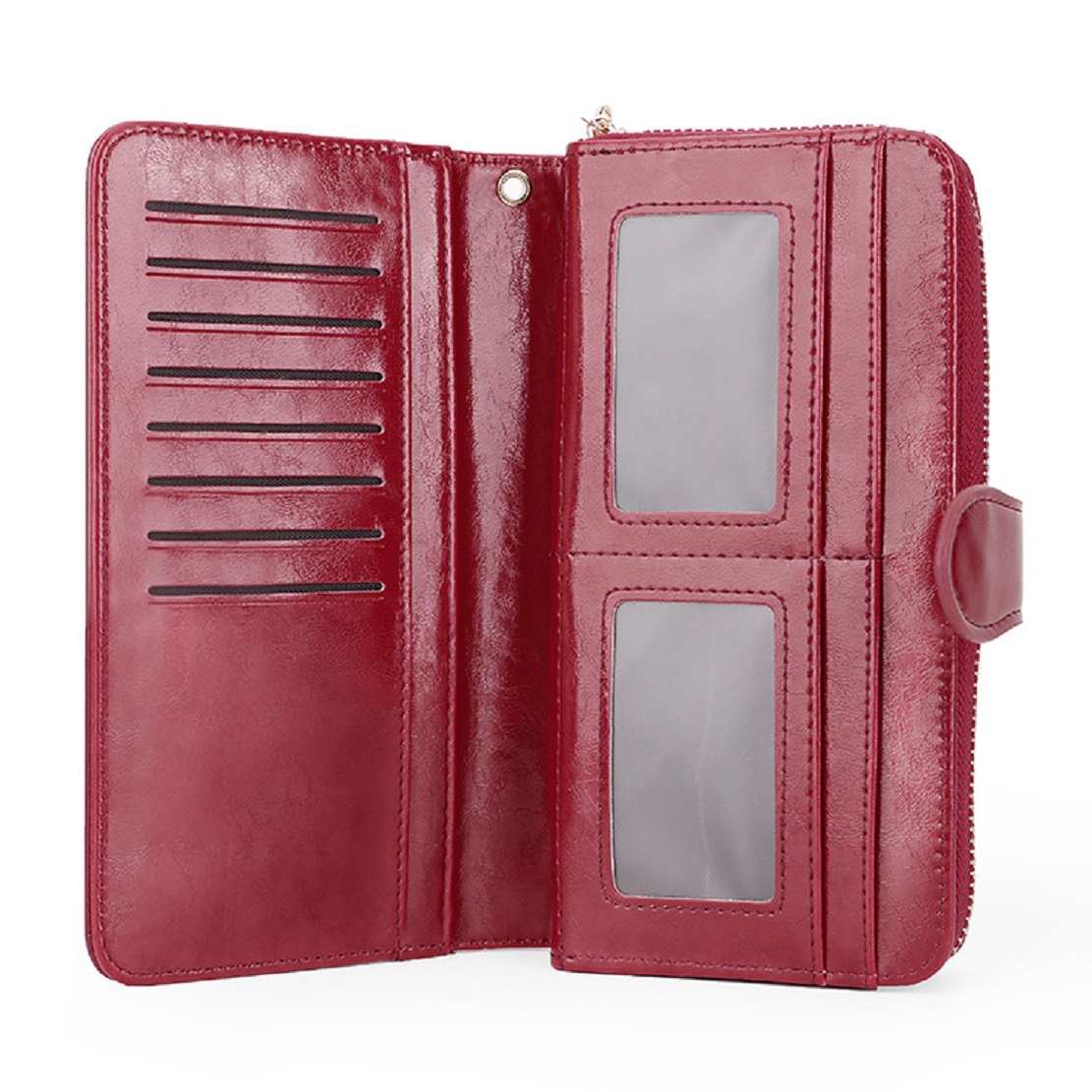 Bright and shiny wax leather long wallet that can hold multiple cards, card bags, and comes with a wristband