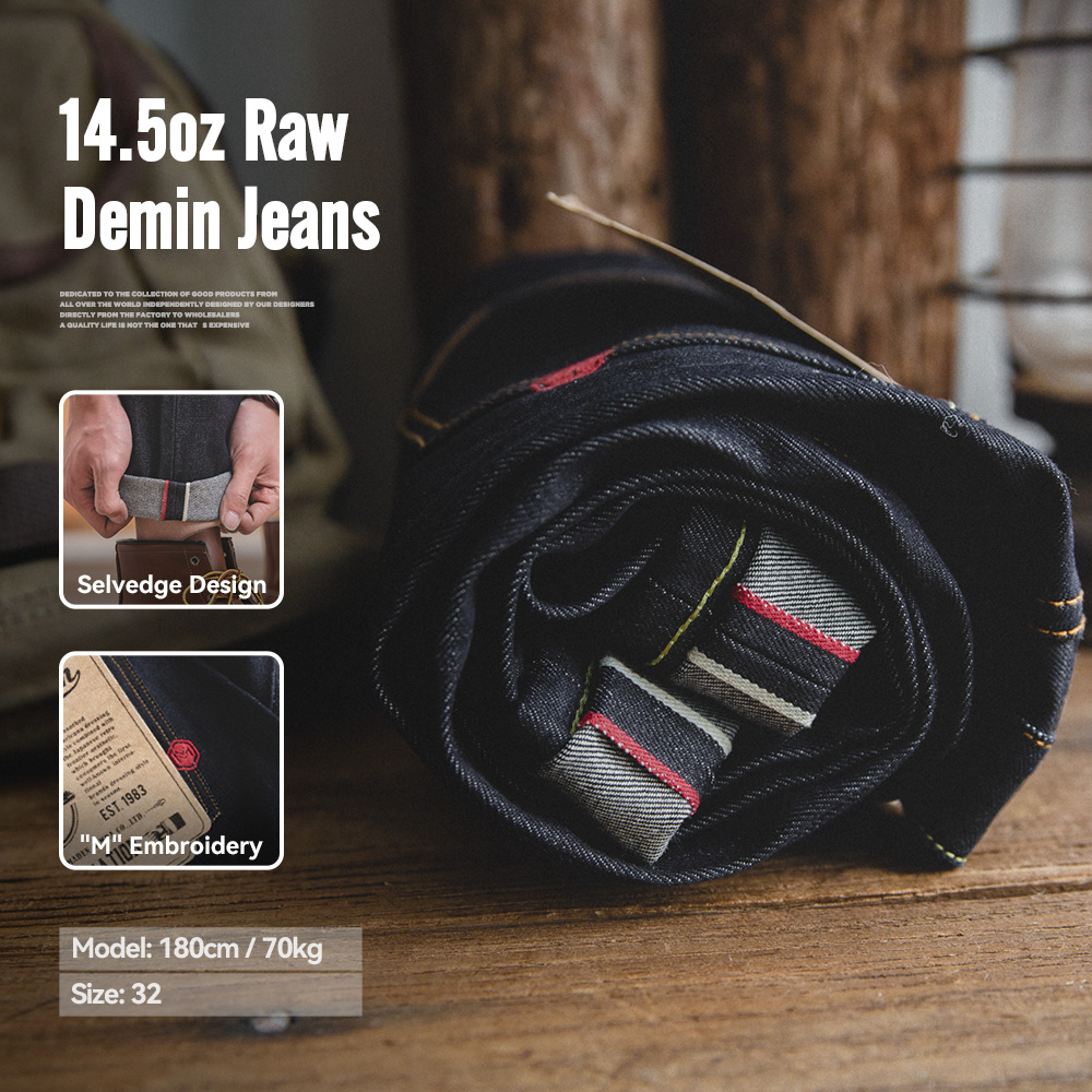 Maden Vintage 14,5oz zelfkant ruwe denim jeans met YKK rits vliegenborduurwerk rechte jeans klassieke heren effen kleur broek