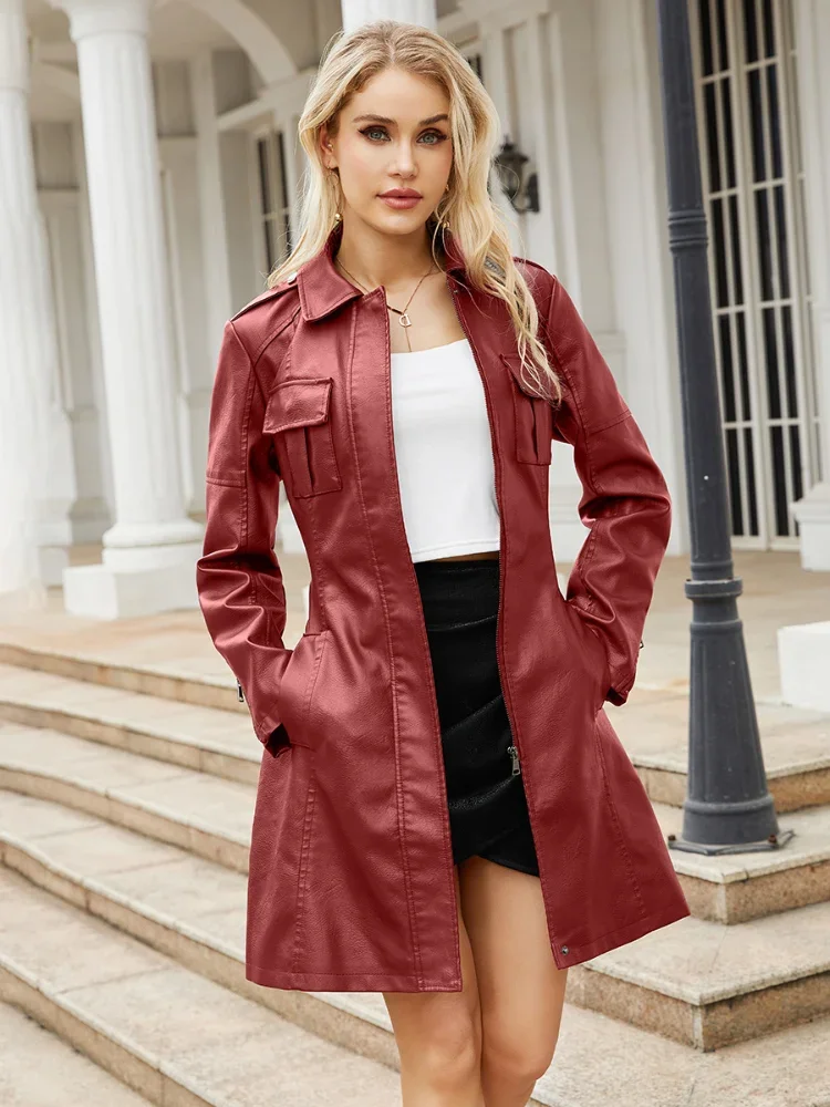 Trench-coat en Faux cuir pour femmes, col rabattu, manches longues, mi-long, à lacets, taille serrée, coupe cintrée, décontracté, régulier, solide