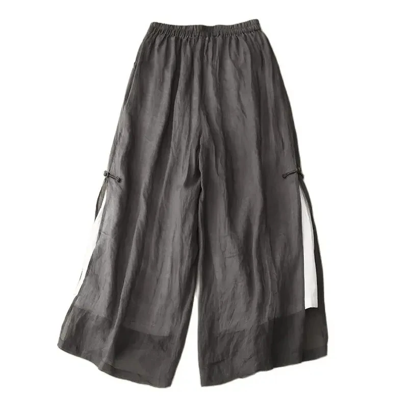 Graue Baumwolle Leinen lässig elastisch hohe Taille mit Futter Damen hose weites Bein knöchel lange Hose für Damen bekleidung Mode
