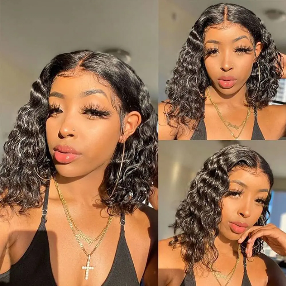 ウィッグレースフロントウィッグウィッグディープウォーターウェーブ,ナチュラルヘア,カーリーヘア,180% ショートボブ,13x4,4x4,フロントクロージャー,透明